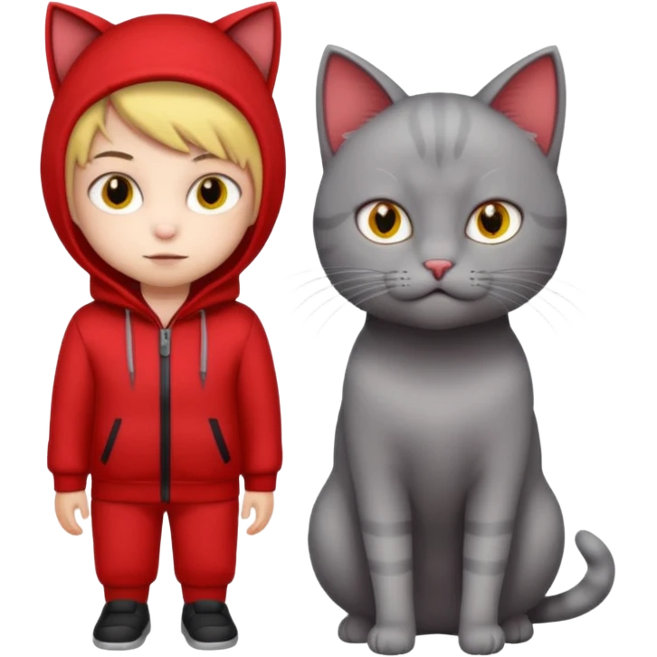 There is a kid wearing all red. Next to him there is a gray cat that has a red cat outfit and the cat has yellow eyes emoji