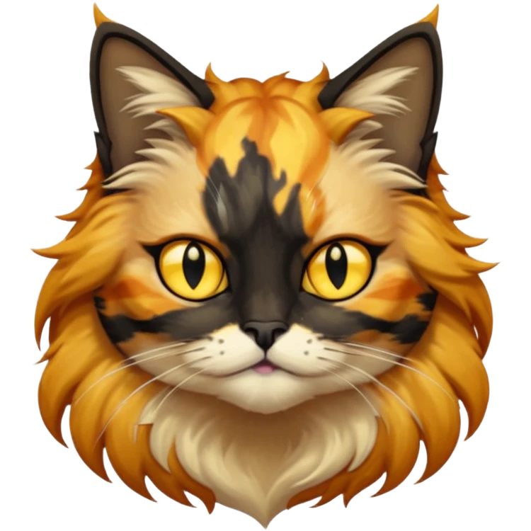 long hair tortoiseshell cat with a black face and yellow lightning mark above left eye emoji