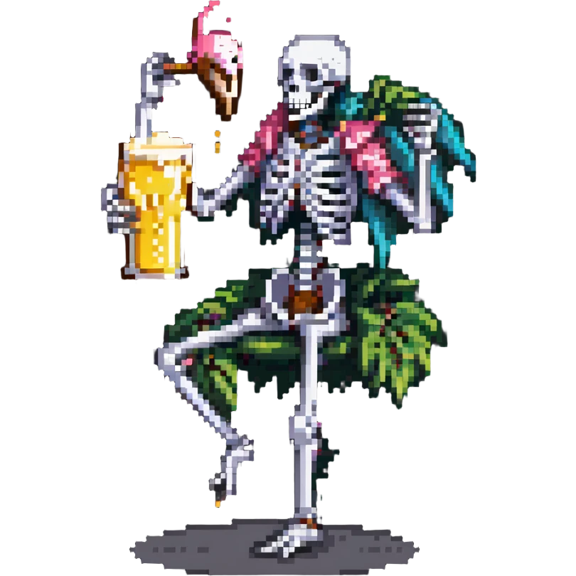 skeleton drinking a beer while balancing on one leg like a flamingo emoji
