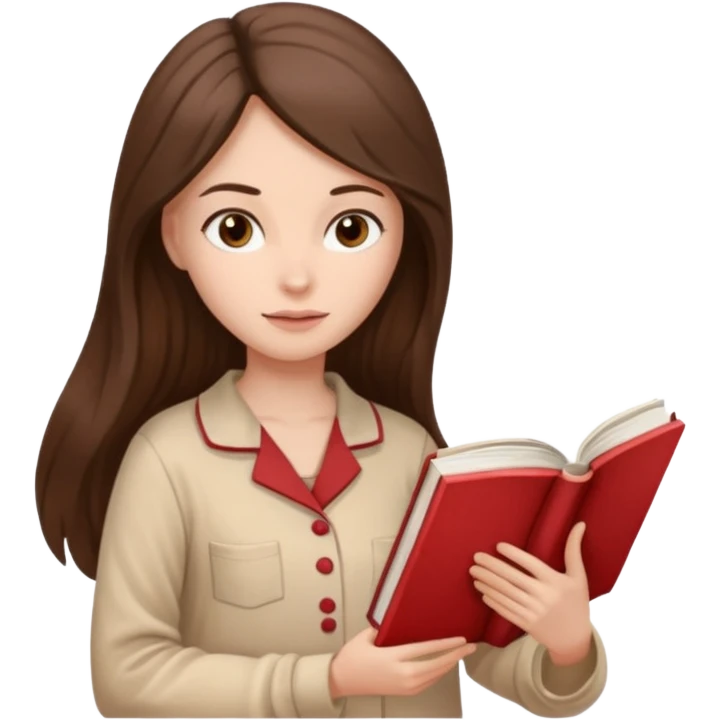 Девушка брюнетка с длинными волосами, карими глазами в пижаме с книгой. Картинка должна были в цветах: бежевый, бледно красный и коричневый emoji
