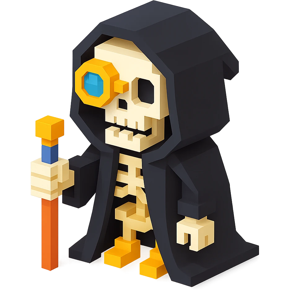 a skeleton man wearing a dark black cloak with steampunk vibes, voxel style emoji
