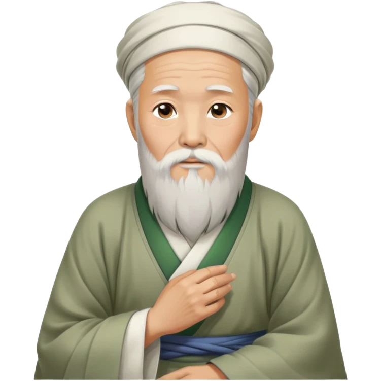 Old oriental sage with white beard and traditional Chinese clothing in contemplative pose, looking thoughtful with hand on chin emoji
