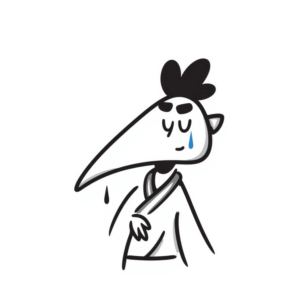 tengu with exaggerated nose crying, simple lines emoji