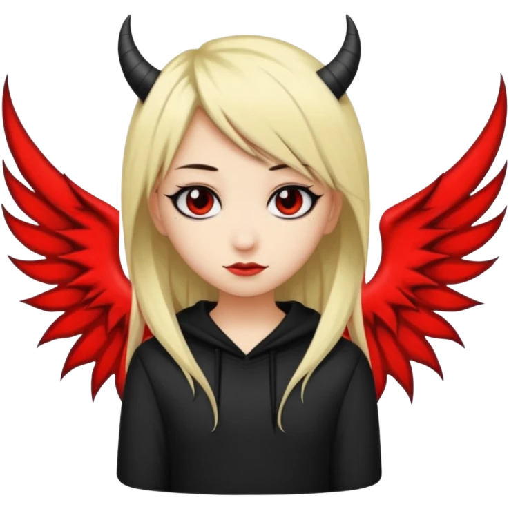 A black and blonde haired girl with a devils wing and tail and she's emo emoji