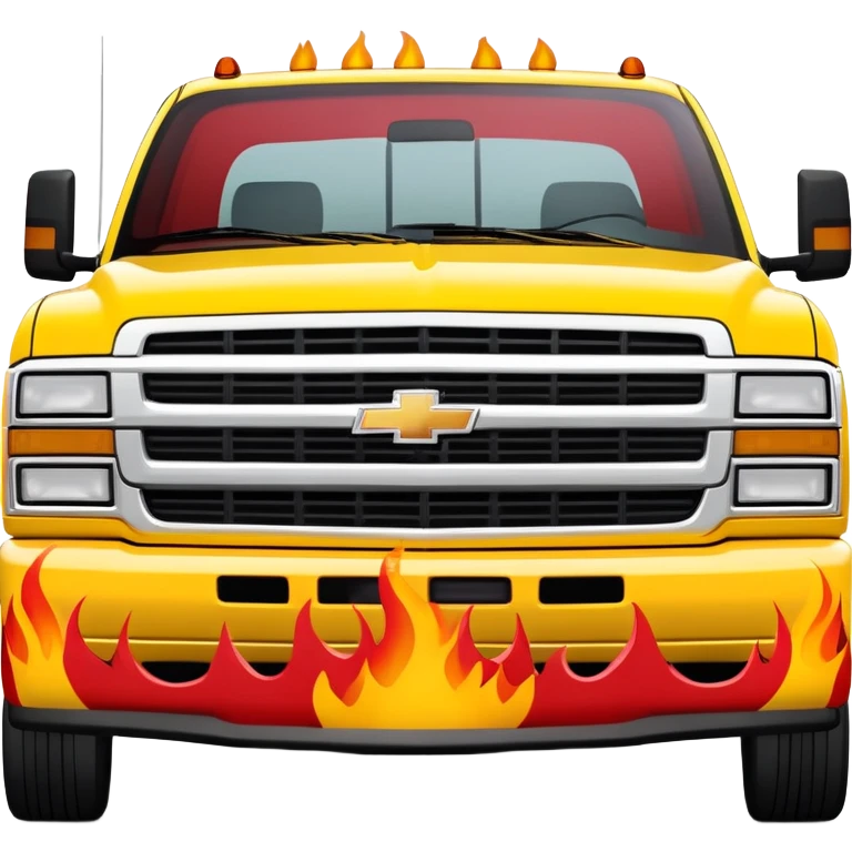 1997 yellow Chevy C-2500 Crew Cab with red flame design only painted on the front bumper, movie-accurate Kill Bill truck detail, 30-degree view, iOS emoji style emoji