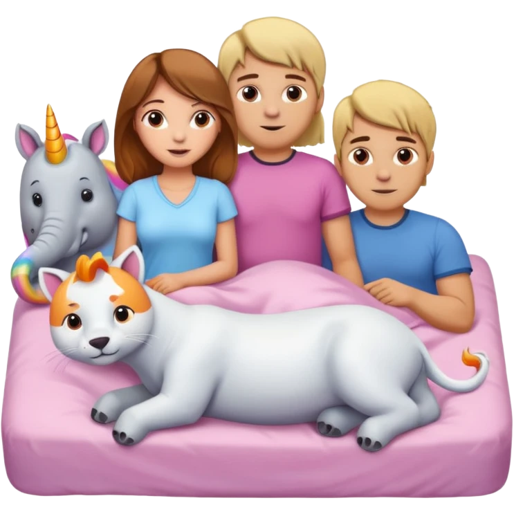 A girl with brown hair and guy with blonde hair in a bed with an elephant and an orange cat and a polar bear and a pink unicorn emoji
