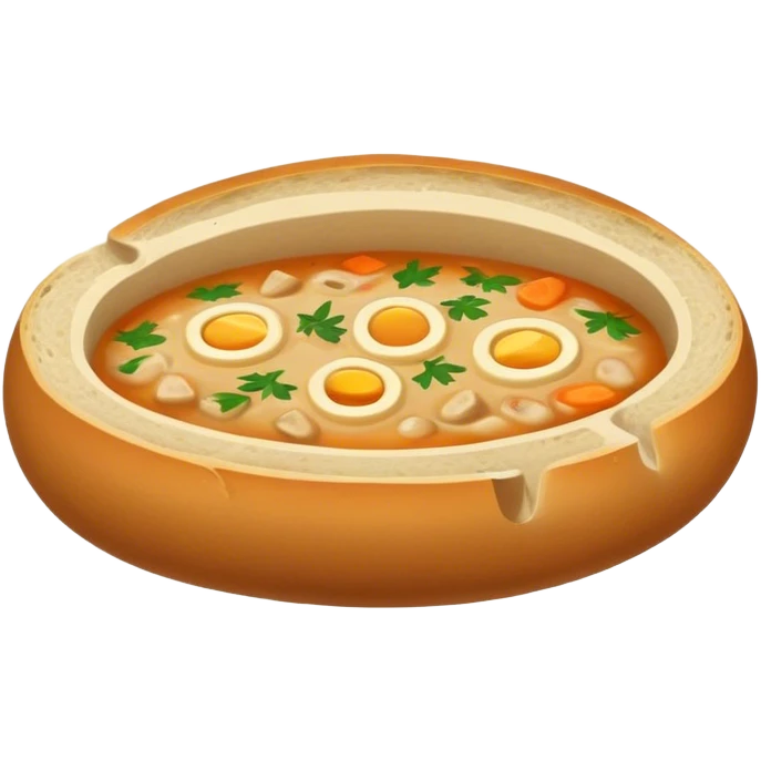 Żurek Cinematic Realistic Żurek Soup Dish Emoji, depicted as a tangy rye soup served inside a hollowed-out round loaf of bread, rendered with rich textures and dynamic, comforting lighting. emoji