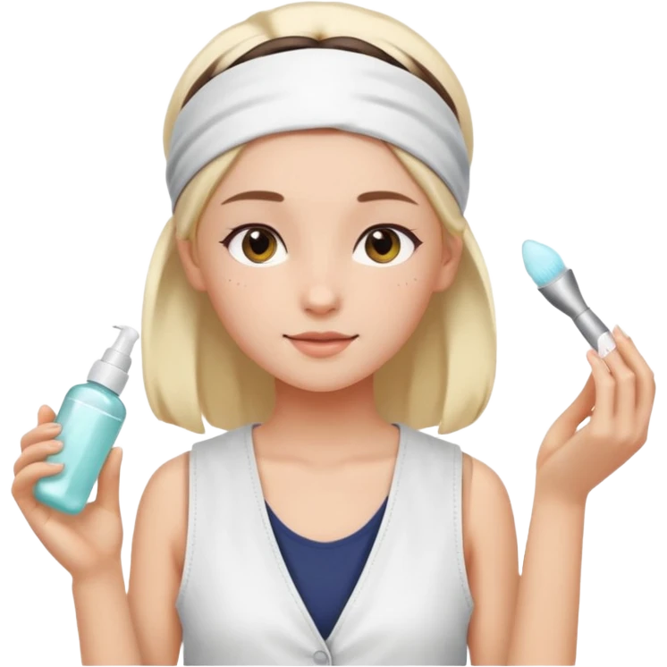 Clean girl aesthetic emoticons, apply skincare products, headband, glowing skin, white vest, soft lighting emoji