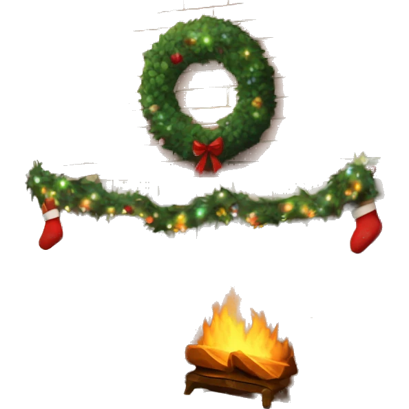 Brick Fireplace with wreath and Christmas lights and stockings emoji