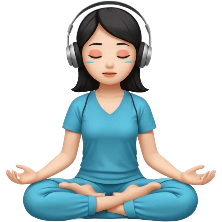 An East Asian woman🧘🏻‍♀️ is sitting cross-legged in a meditation pose, wearing Apple headphones🎧 and listening to music. The song is so beautiful that she has her eyes closed and tears streaming down her face. emoji