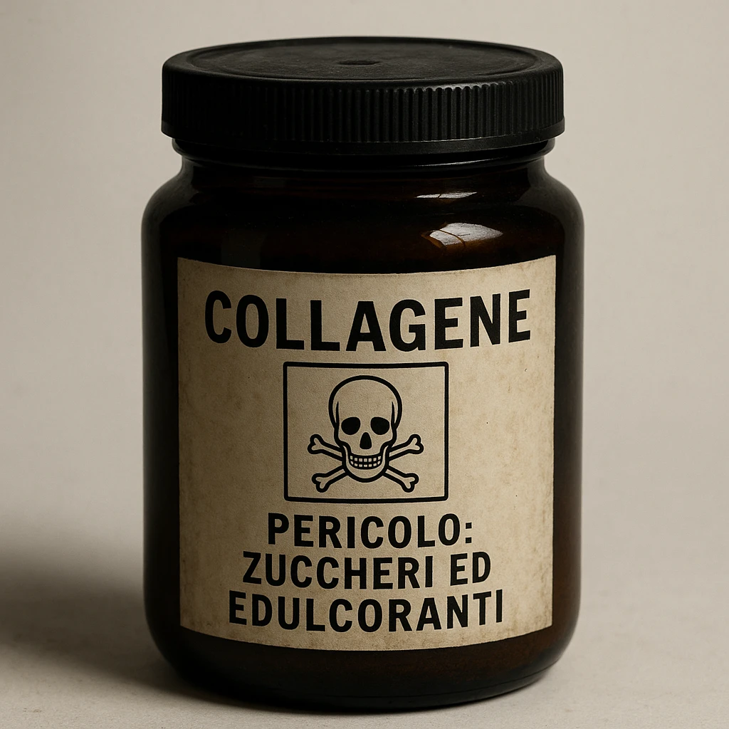 realistic collagen jar with Italian label 'Pericolo: zuccheri ed edulcoranti', poison symbol, dark atmosphere, realistic details, white background emoji