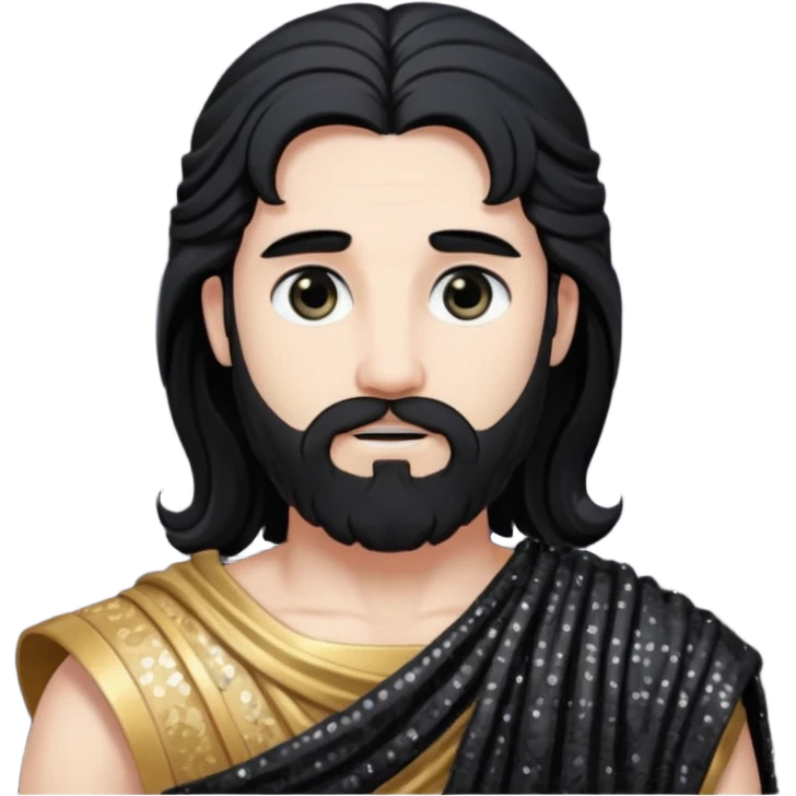 Pluto from Roman Deities with long black hair and beard, black sequin toga emoji