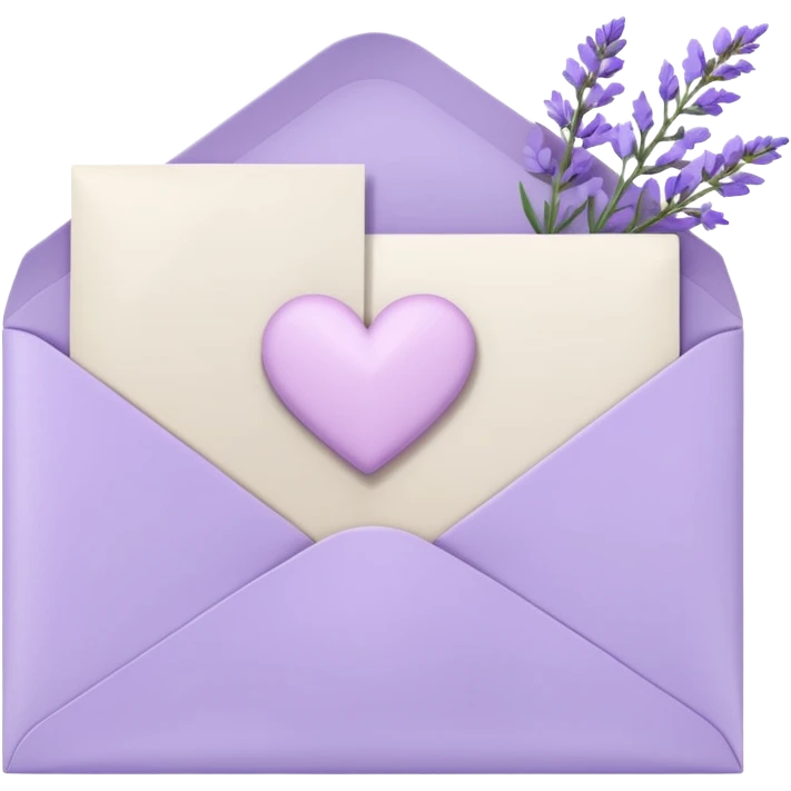 a closed pastel light whitish purple envelope wit a white heart doodle on it, with h some white papers, and lavender flowers laying on top  emoji
