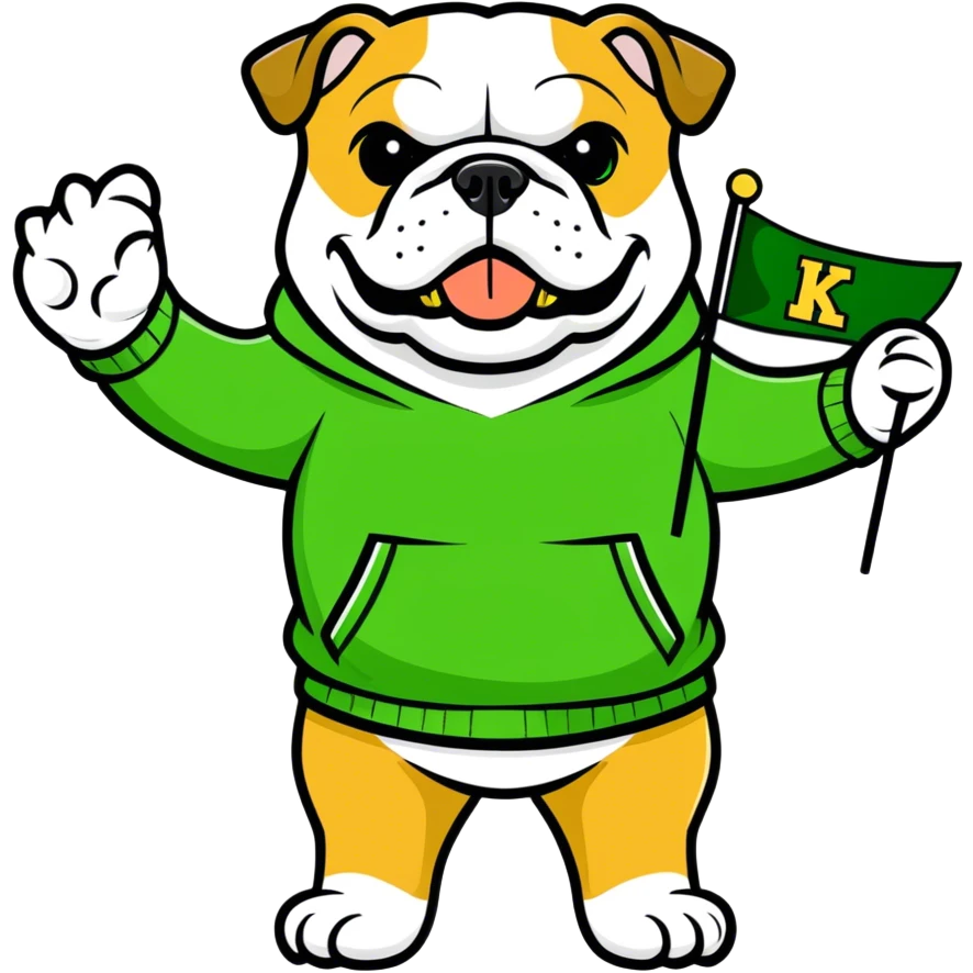 A bulldog wearing a green sweatshirt holding a little green flag emoji