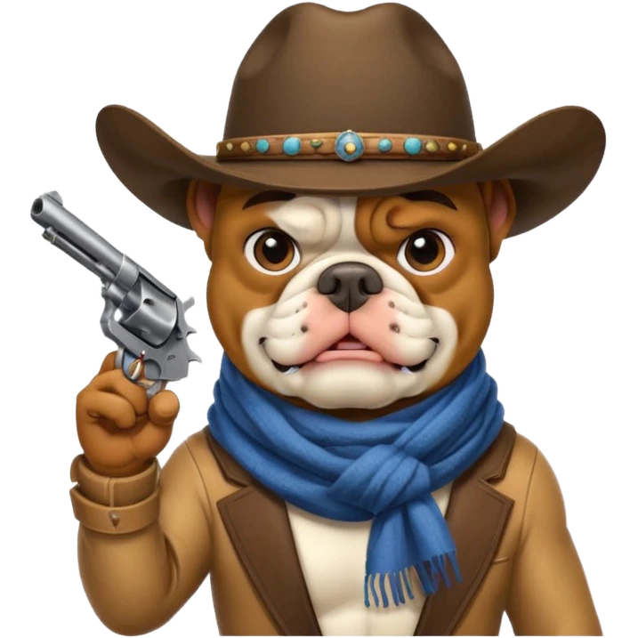 A bulldog wearing a cowboy hat, covering his mouth with a scarf so he wouldn't be recognized, pointing a revolver at you, telling you to hand over your money. emoji