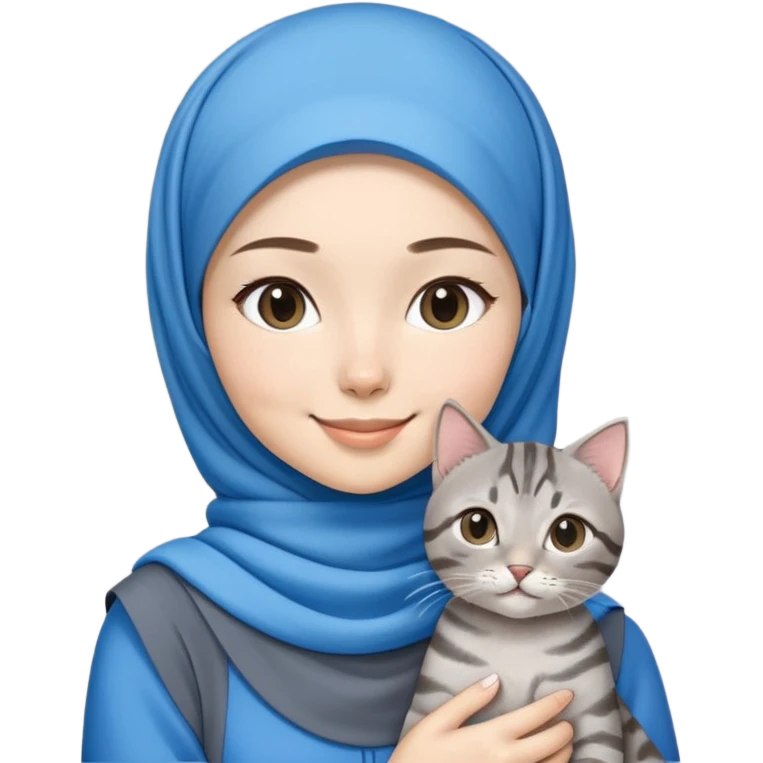 Asian white girl wearing blue hijab with dress holding a black grey tabby cat while smiling emoji