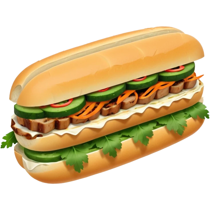 make it cute, chibitraditional banh mi with char grilled pork


    Very crusty baguette

    Mayo 

    Pickled carrot 

    Cucumber, coriander/cilantro, green onion, chilli 
 emoji