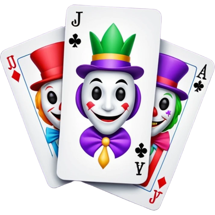 bunch of 3 poker cards, with crazy colorful jolly jokers inside, inversed face emoji
