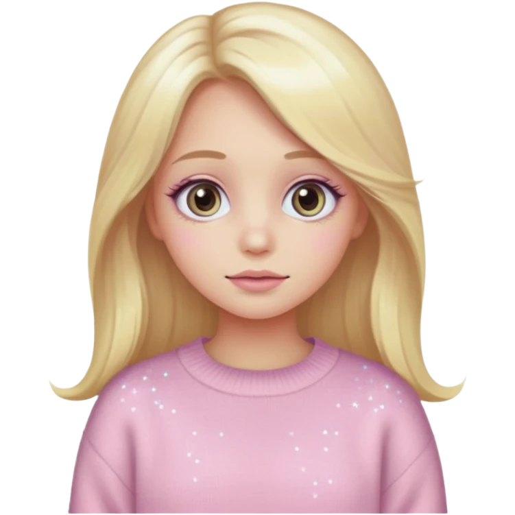“Emoji girl, pastel pink blush, sparkly wide eyes,  oversized pastel sweater long blonde hair.” emoji