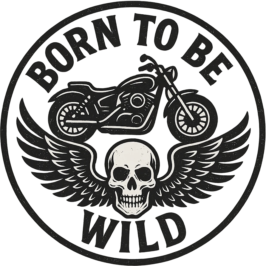 circular motorcycle cap design with transparent background, text 'Born to be wild', motif: motorcycle, wing, skull, iconic style emoji