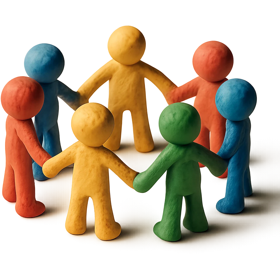 claymation style stick figure humans standing in a circle, holding hands, unity, playful emoji