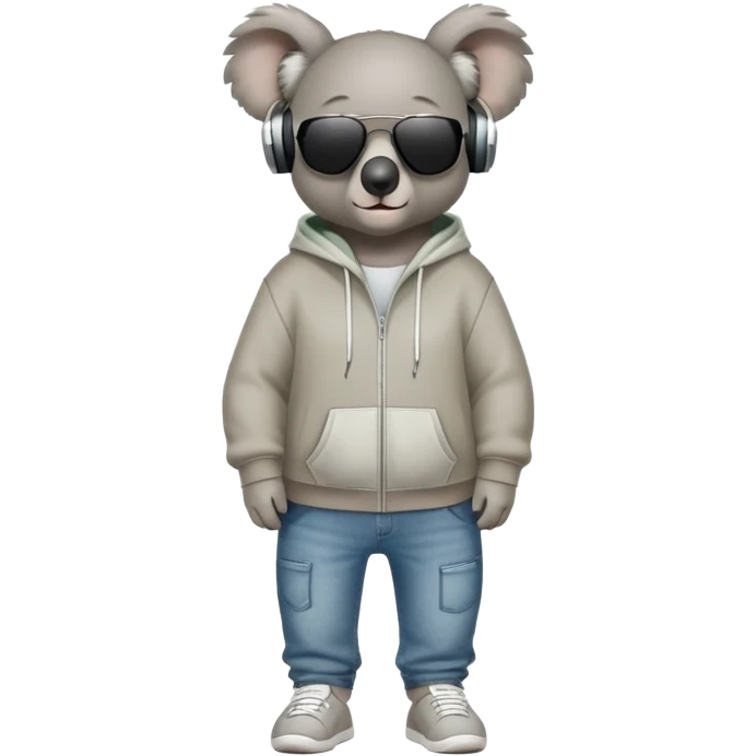 anthropomorphised koala full body wearing a hoodie and jeans dark sunglasses headphones emoji