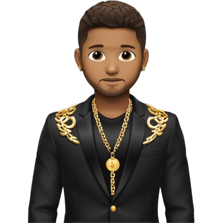 Usher with dark brown hair, black sequin suit jacket, shirtless with necklace emoji
