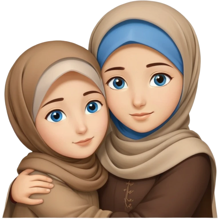Turkish beautiful finish Konya girl blue eyes with brown beige hijab islamic dress and hugs with big boy brother  emoji