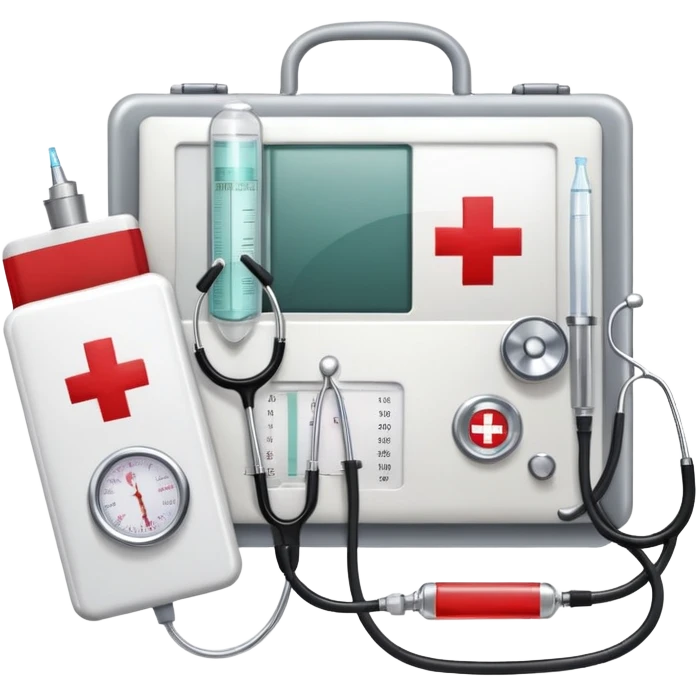 An icon featuring a red cross, stethoscope, syringe, and tonometer, symbolizing medicine. The design includes a white coat, medical book, heartbeat monitor, and pill, representing healthcare, diagnostics, and treatment. Transparent background highlights the science and practice of healing. emoji
