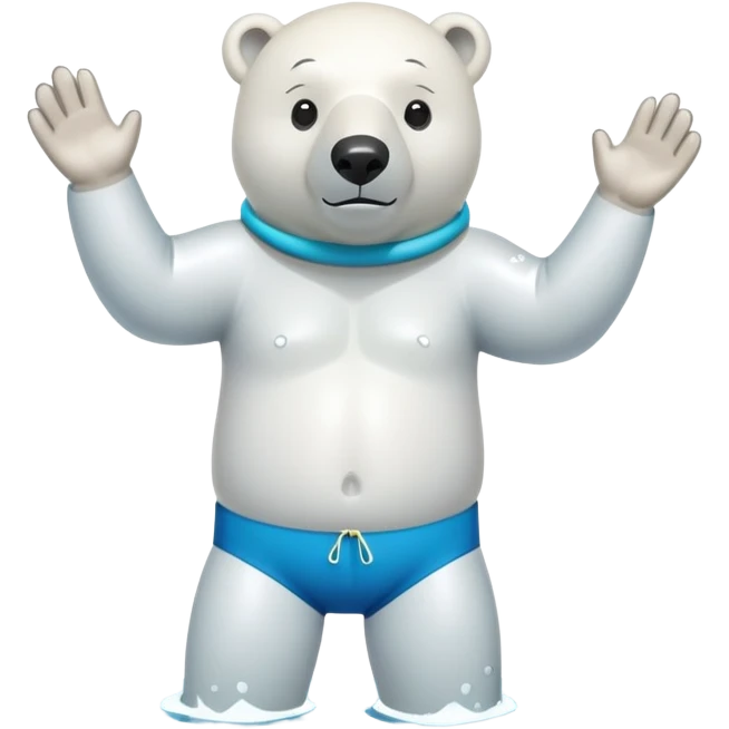 friendly anthropomorphised polar bear standing in a puddle of water, wearing loose board shorts, scuba mask over eyes, inflatable swimming armbands emoji