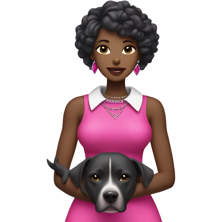 Black lady with black hair wearing hot pink dress hugging large grey pitbull with spiked pink collar emoji