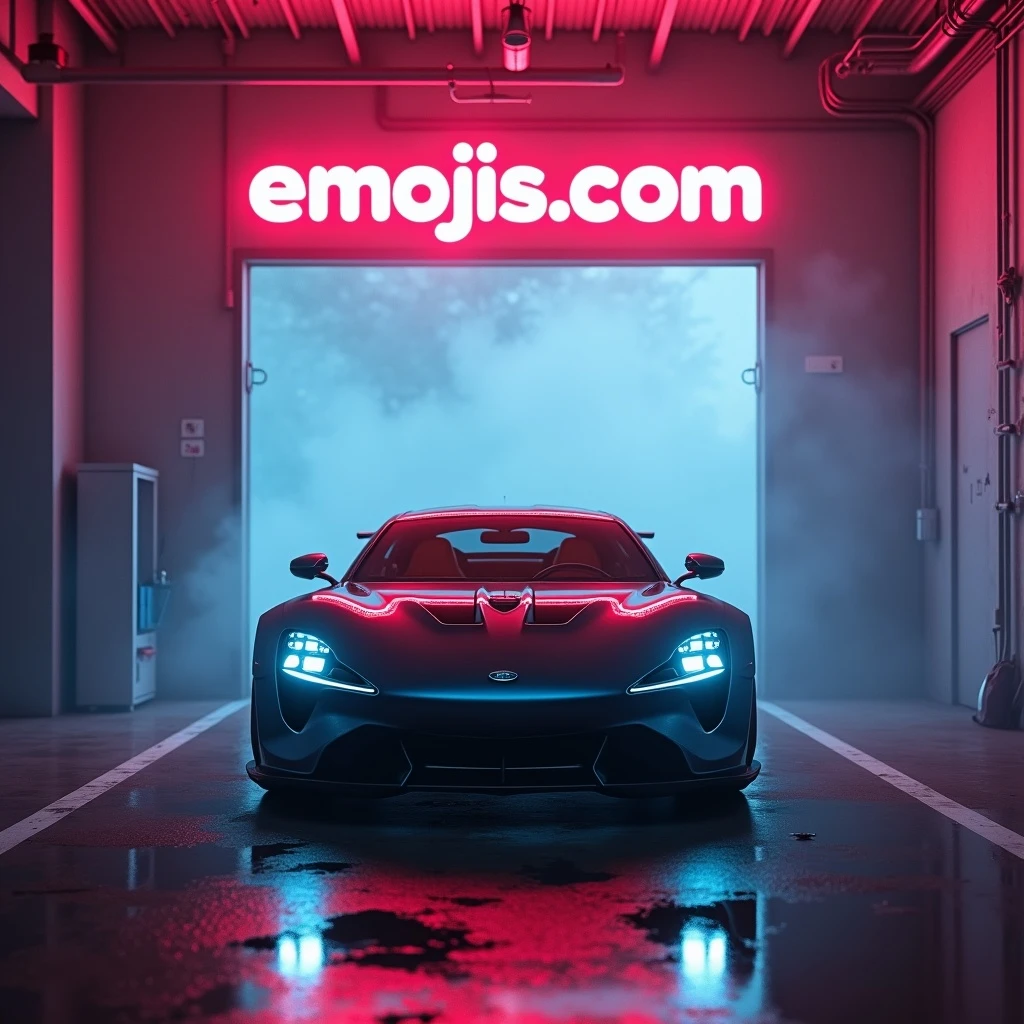 Cinematic still of a futuristic car parked front to camera inside neon garage with led behind saying "emojis.com", room fill with haze, very detailed and futuristic ,inspired by cyberpunk 2077 emoji