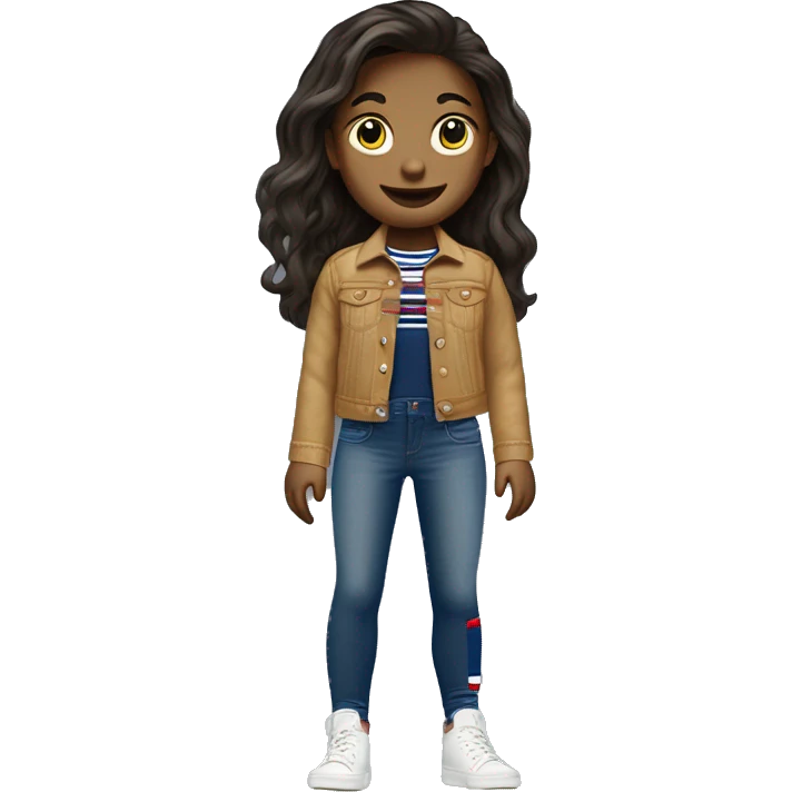 A whight girl with a tommy hilfiger jean jacket and tommy hilfiger tights with all white shoes  emoji