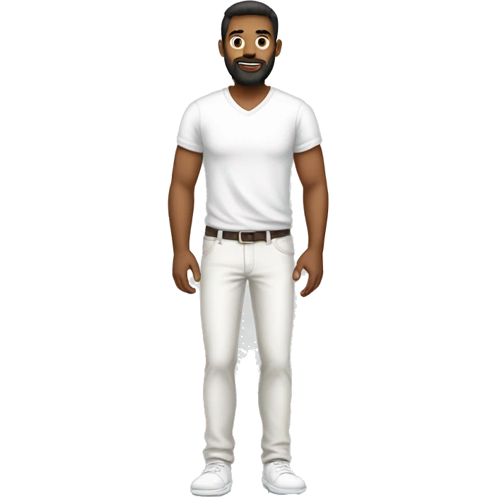 A guy with a beard standing and wearing white pants and white tshirt and shoesless emoji
