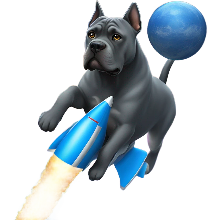 A blue Cane Corso riding on a blue and gold rocket in space. emoji