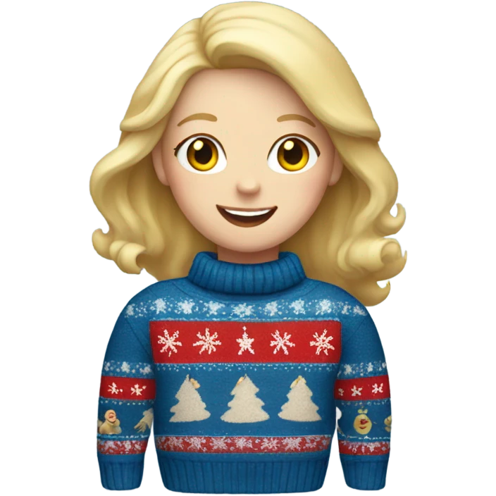 Happy white woman with blonde hair and  christmas jumper and blue jeans  emoji