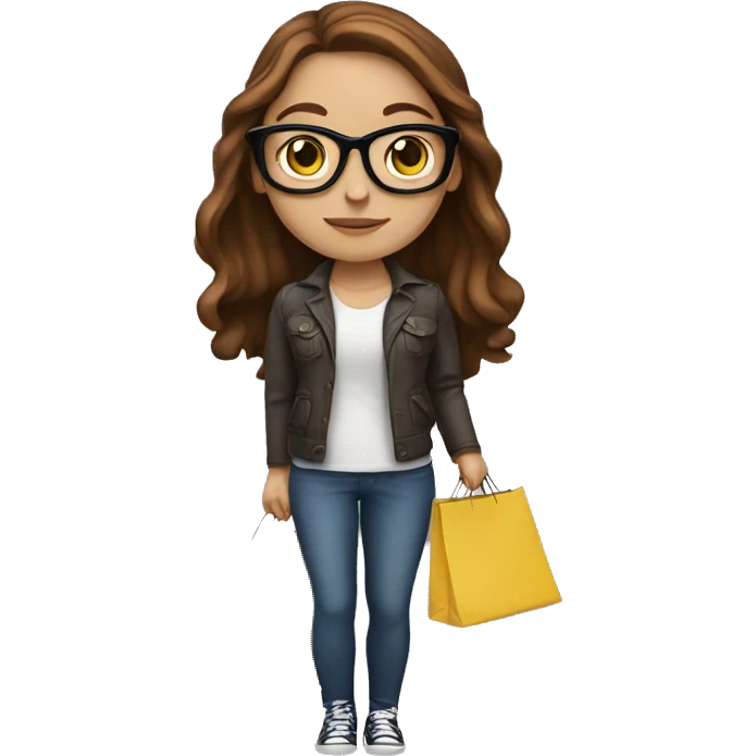white girl with long brown hair and glasses. she has shopping bags in her hand. emoji