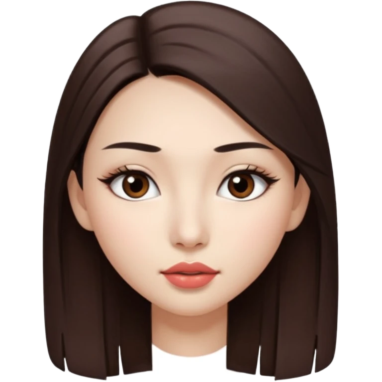 Una chica con piel muy clarita con pelo liso largo de color castaño y unos ojos marrones oscuro y labios grandes y nariz bonita y con unas pestañas que parezca asiatica que tenga las cejas un poquito mas juntas emoji