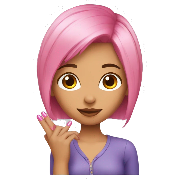 A girl with pink hair showing nails emoji