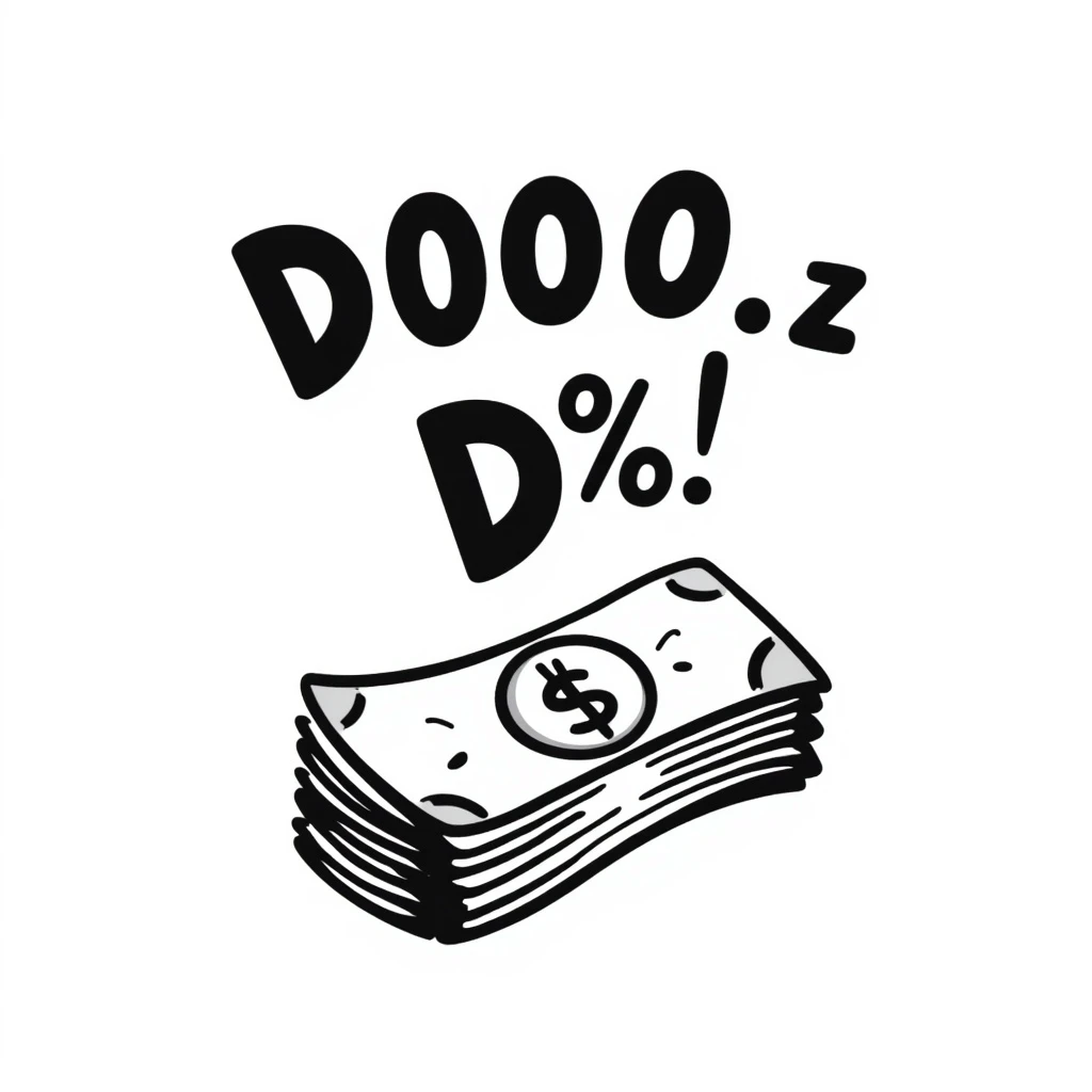 hand drawn doodle, playful, shows 8% and cash, 8% 수수료 지급 emoji