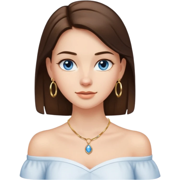 A pretty white girl with brunette hair blue eyes  thin gold hoop earrings and a matching gold necklace in a white shirt that cuts off the shoulders emoji
