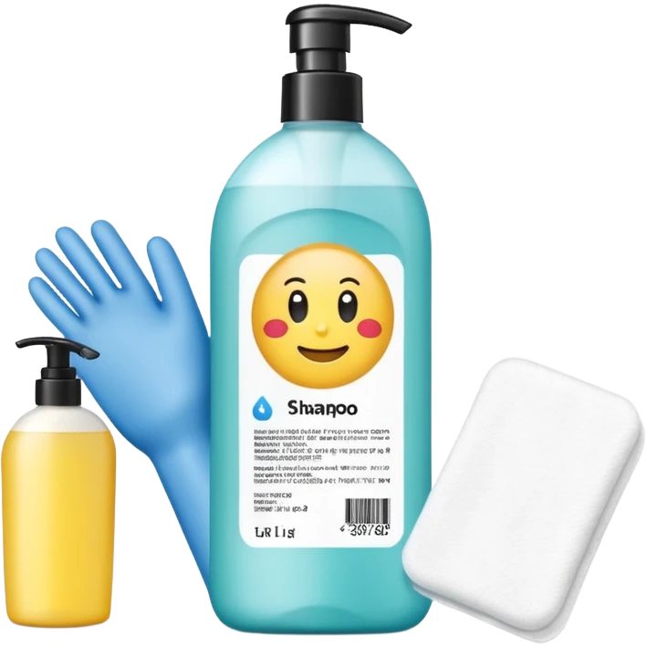 emoji of big (1L) bottle of shampoo, disposable gloves and cotton pads (for makeup) are standing on a table, products look like its always running out, add brand labels to them, make quantity bigger , and i want to see more disposable products, without faces emoji