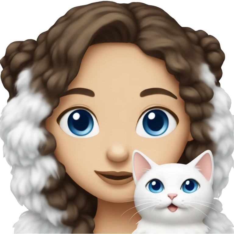 brunette with blue eyes holds a white fluffy cat  emoji