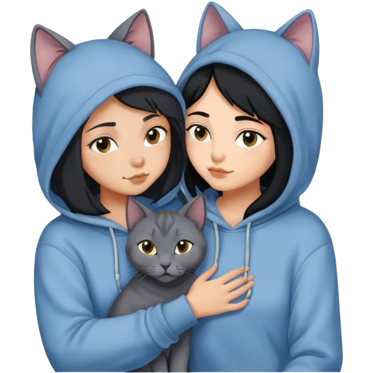 A Russian Blue Cat cuddling with a 25 year old black haired Girl with a hoodie on emoji