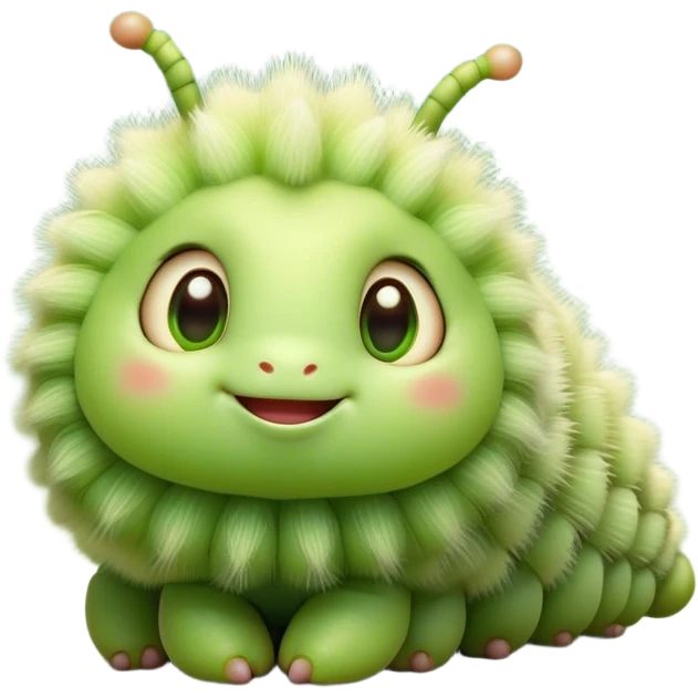 Cinematic Cute Caterpillar Portrait Emoji, Head tilted playfully and inquisitively, featuring a small, fuzzy body with rounded, plump segments, soft, endearing eyes and a charmingly wiggly movement, Simplified yet irresistibly adorable features, highly detailed, glowing with a warm, inviting green glow, high shine, affectionate and lively, stylized with a touch of whimsical woodland charm, soft glowing outline, capturing the essence of a mischievous caterpillar that seems as if it could crawl out of the screen into your arms! emoji