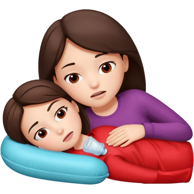 only one brunette girl, with a pain face, lying on her side suffering from menstrual cramps, has a hot water bottle on her stomach. emoji