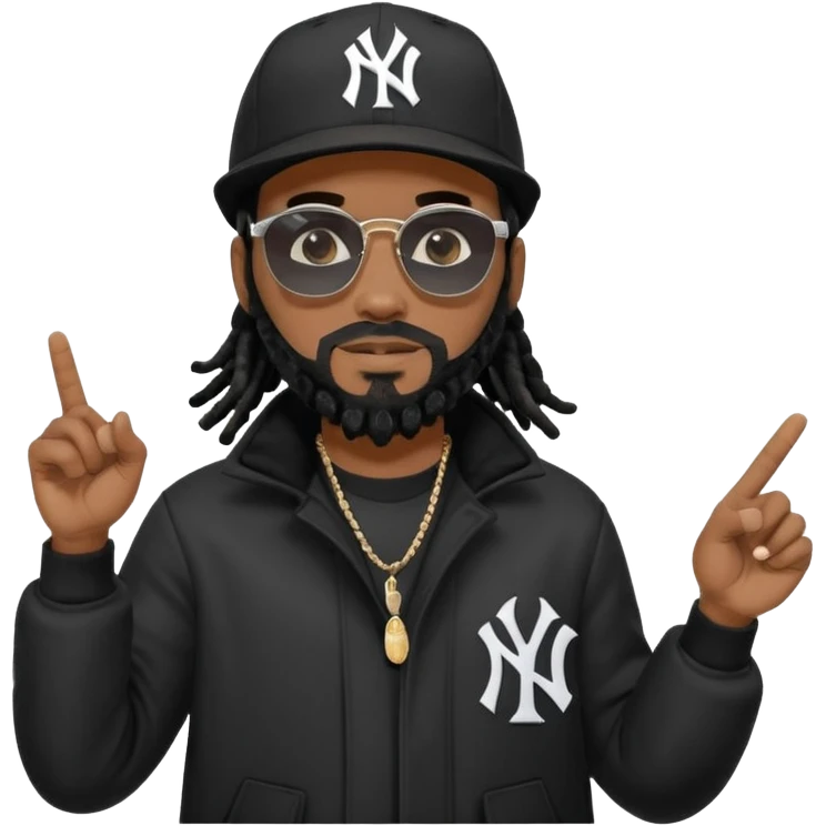 African American man with shoulder length black dreadlocks with black beard wearing black sunglasses wearing a black New York Yankees logo baseball cap wearing a black bubble winter coat pointing to sky emoji