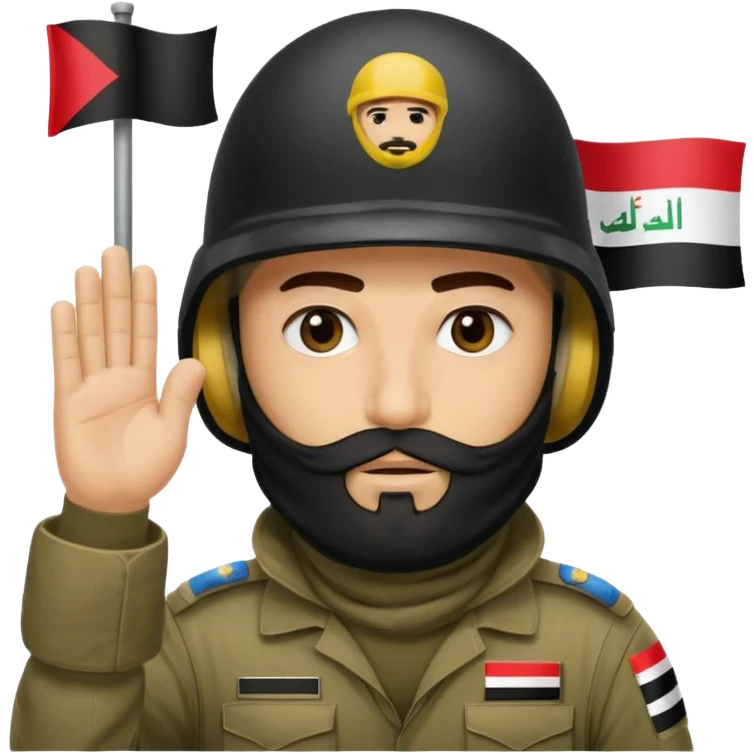 surrenders, depicts an Iraqi soldier from 1980, with a beard, in a helmet, a helmet with sign flag Iraq, with a balaclava, with sad eyes and both hands raised up emoji