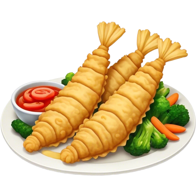 Tempura Cinematic Realistic Tempura Dish Emoji, depicted as extra crispy, lightly battered seafood and vegetables, rendered with vivid textures and dynamic, bright lighting. emoji
