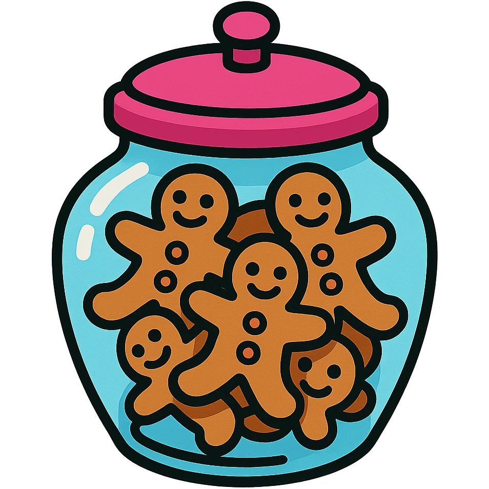 cartoonish glass cookie jar, pink lid, gingerbread cookies, isolated emoji